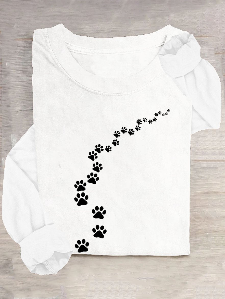 Funny Dog Footprint Pattern Casual Crew Neck Long Sleeve T-Shirt