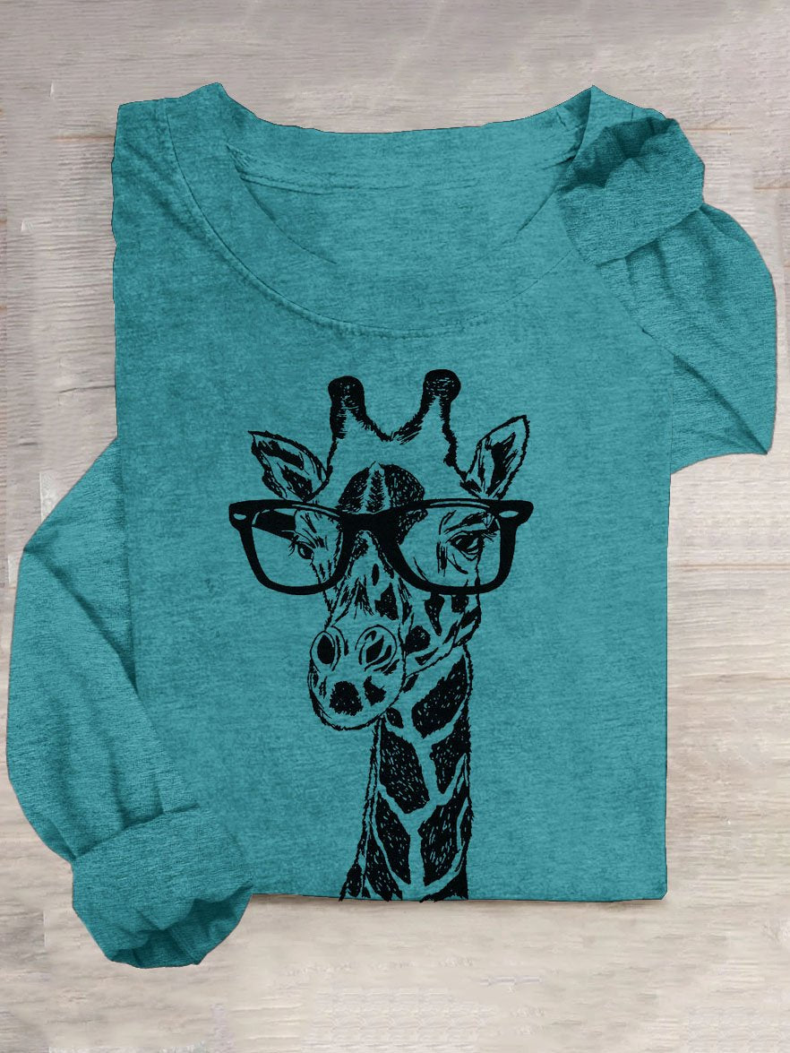 Funny Glasses Giraffe Printed Long SleeveT-Shirt