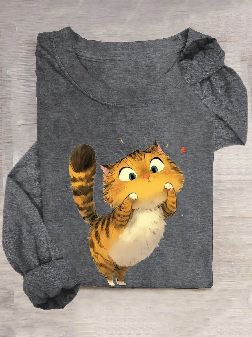 Cotton-Blend Crew Neck Casual Cat T-Shirt