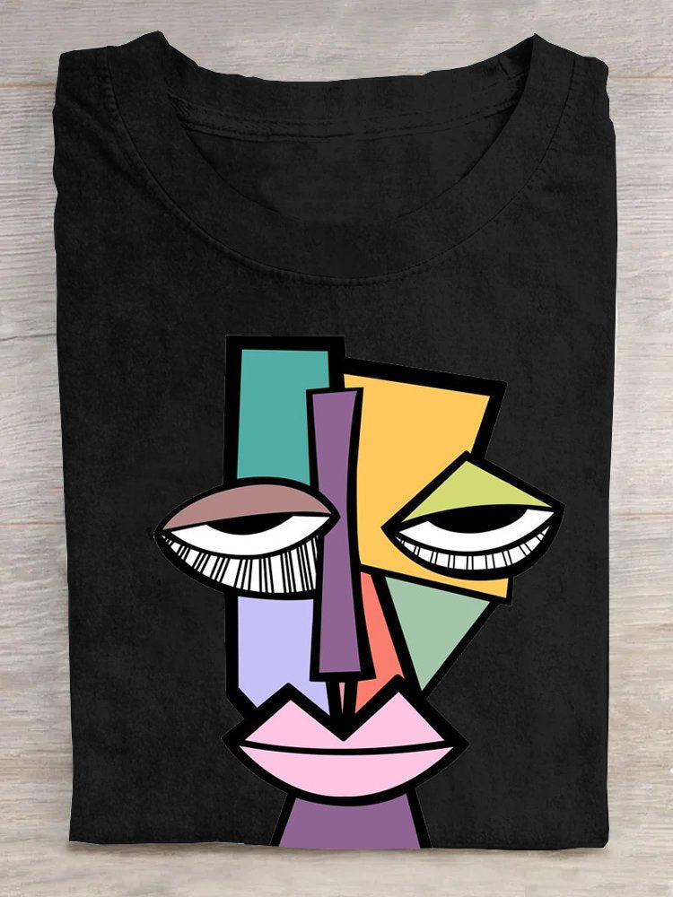 Casual Loose Crew Neck Face T-Shirt