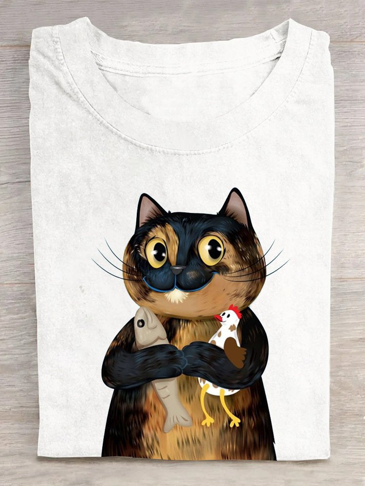 Casual Crew Neck Cotton Cat T-Shirt