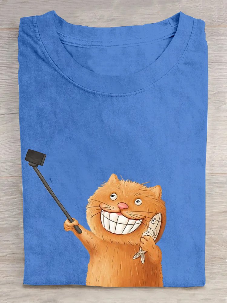 Cotton Crew Neck Cat Casual T-Shirt