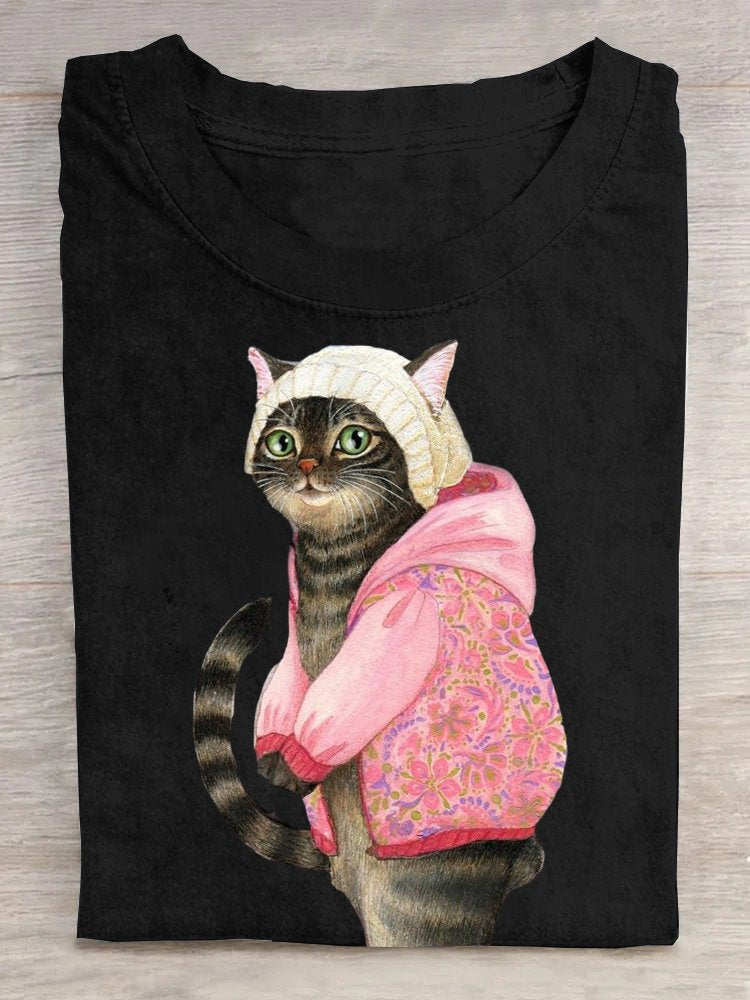 Cotton Casual Summer Cat Short Sleeve Loose Crew Neck H-Line Cotton35%; Polyester65% T-shirt