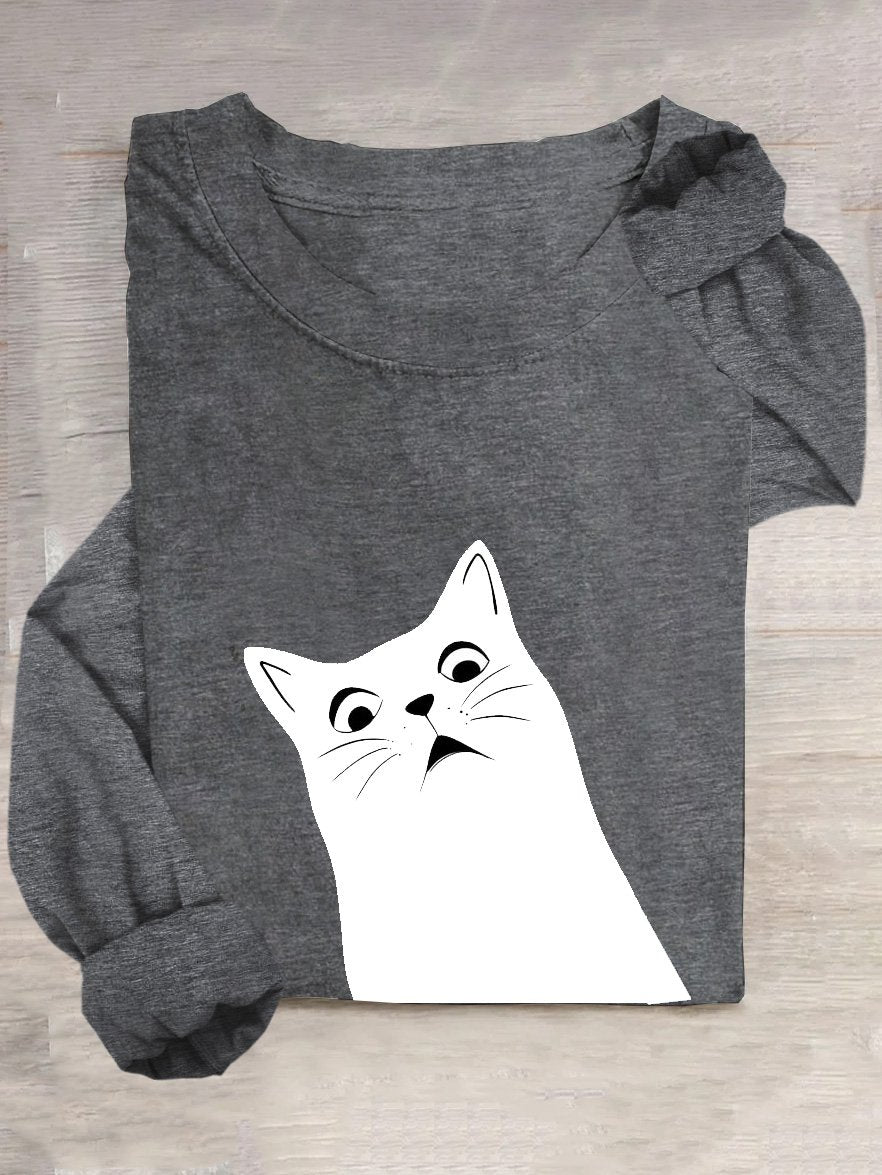 Casual Cat Loose Cotton-Blend T-Shirt