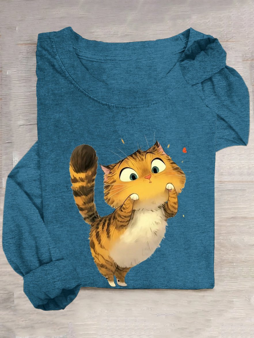 Cotton-Blend Crew Neck Casual Cat T-Shirt