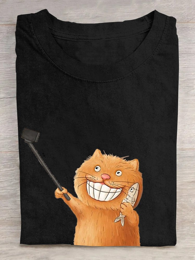 Cotton Crew Neck Cat Casual T-Shirt