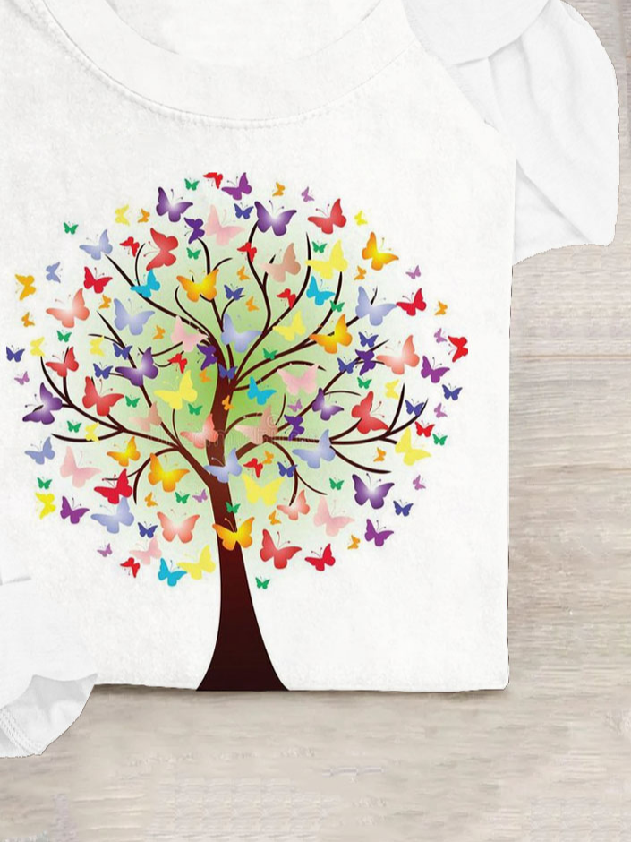 Casual Butterfly & Tree Printed Cotton-Blend T-Shirt