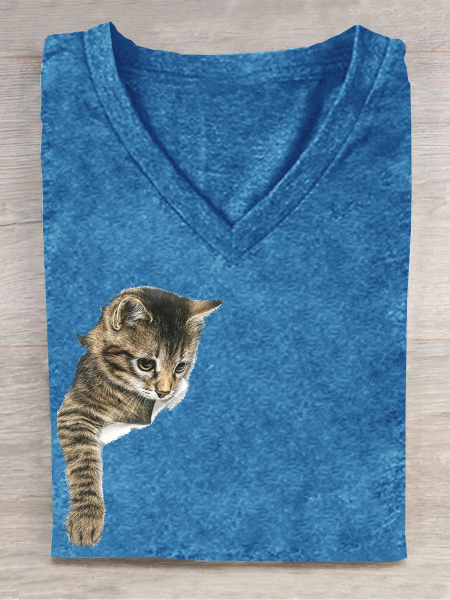 Casual V Neck Cat Cotton T-Shirt