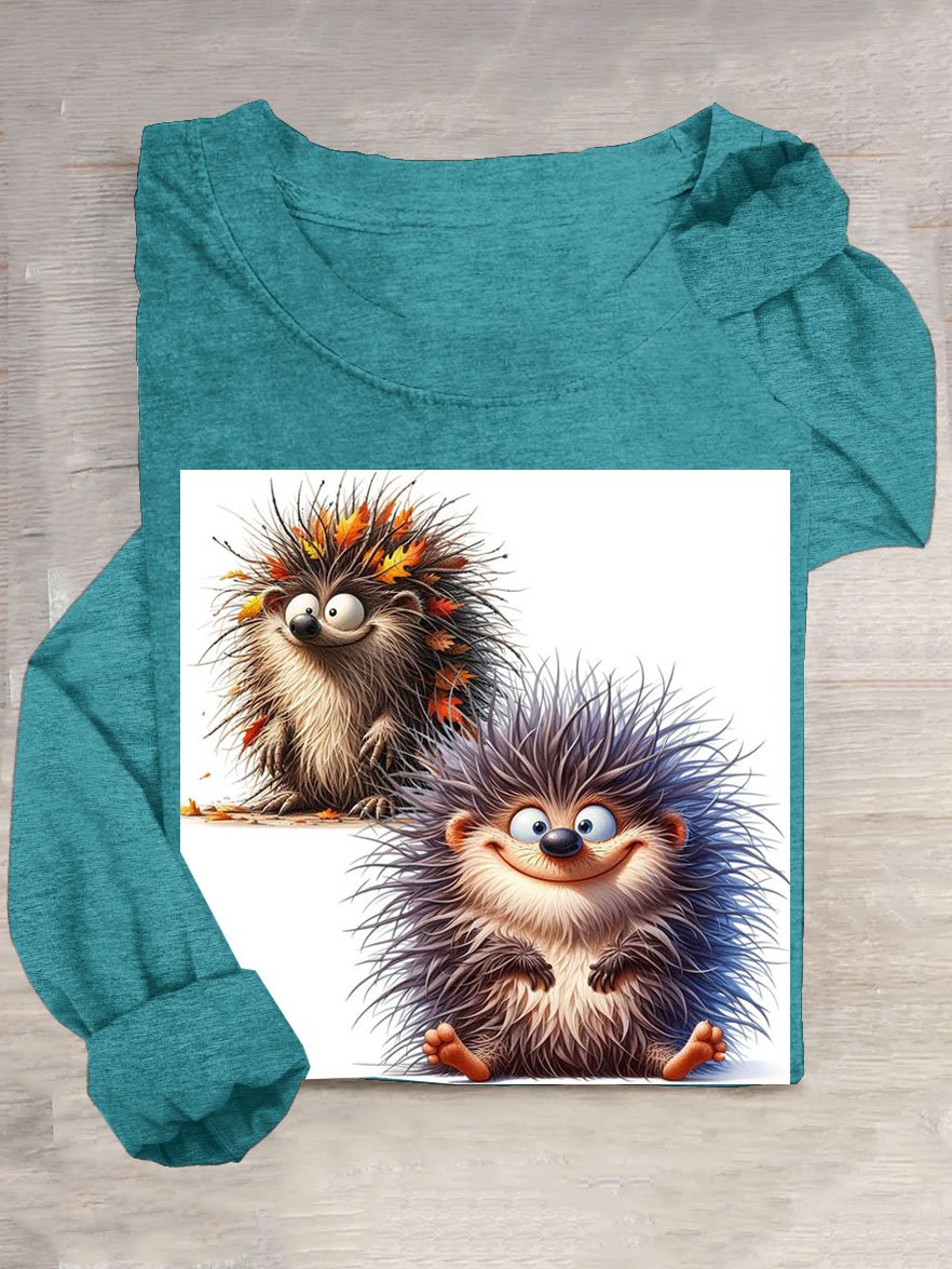 Funny Hedgehog Printed Crew Neck Long Sleeve T-Shirt