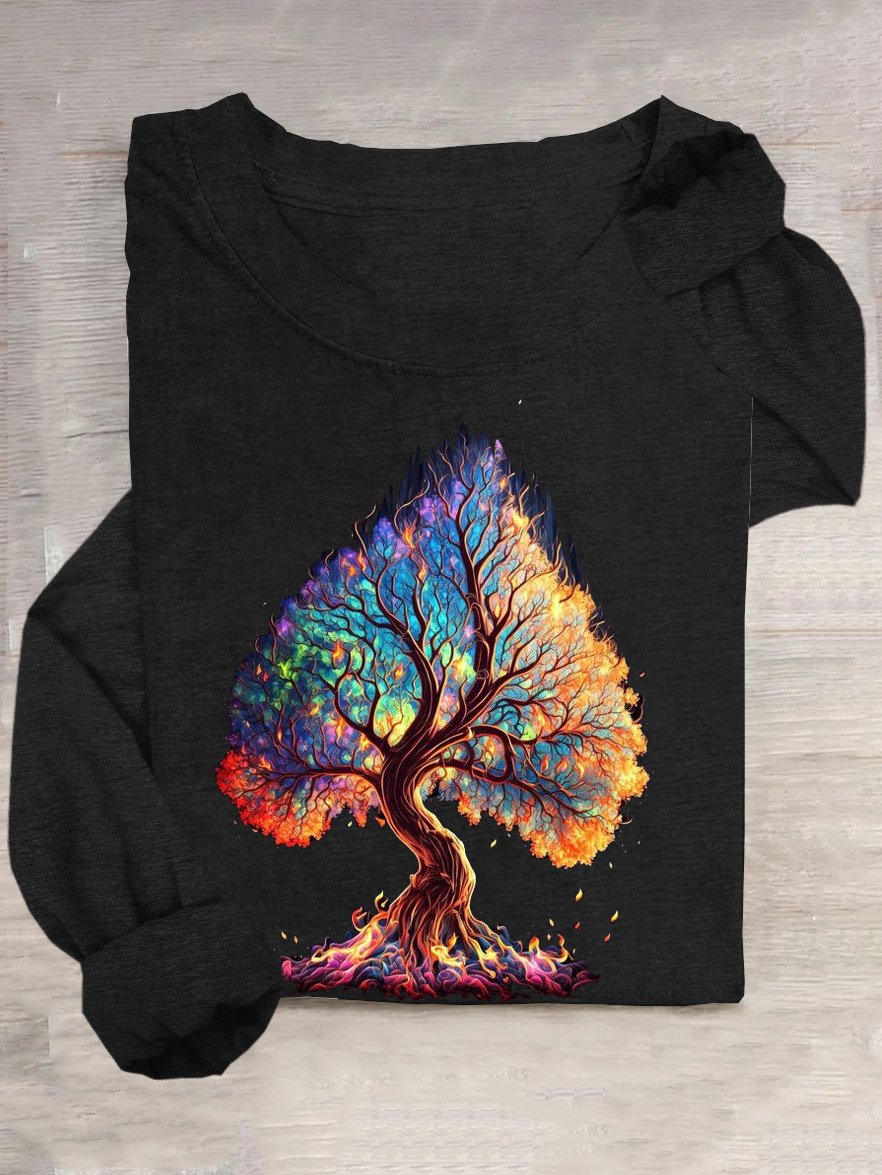 Cotton-Blend Casual Spring/Fall Tree Long Sleeve Loose Crew Neck H-Line T-shirt