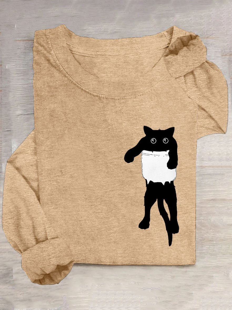 Cat Printed Casual Crew Neck T-Shirt