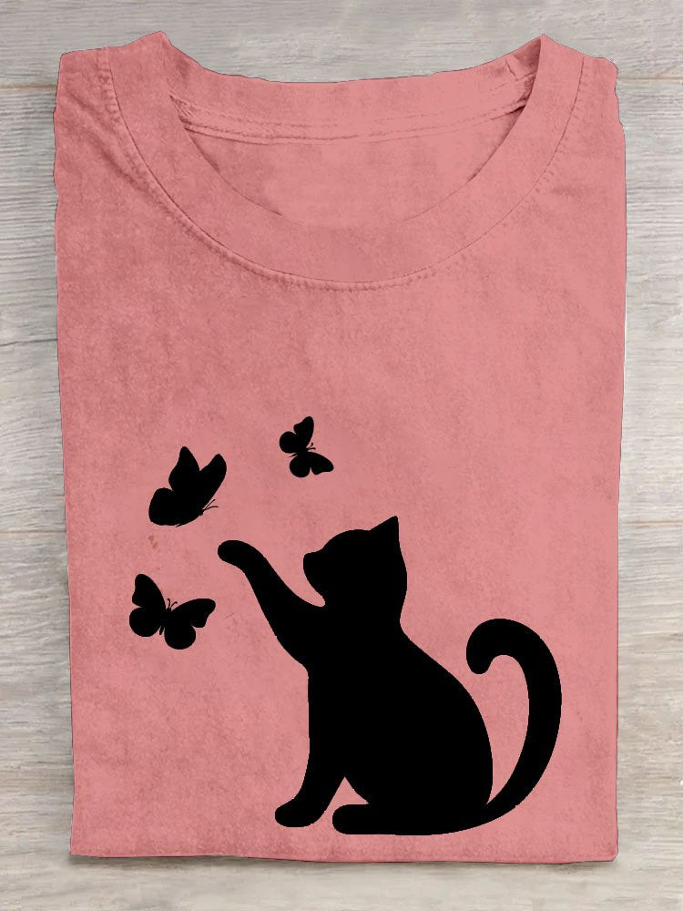 Casual Summer Cat Short Sleeve Loose Crew Neck T-shirt