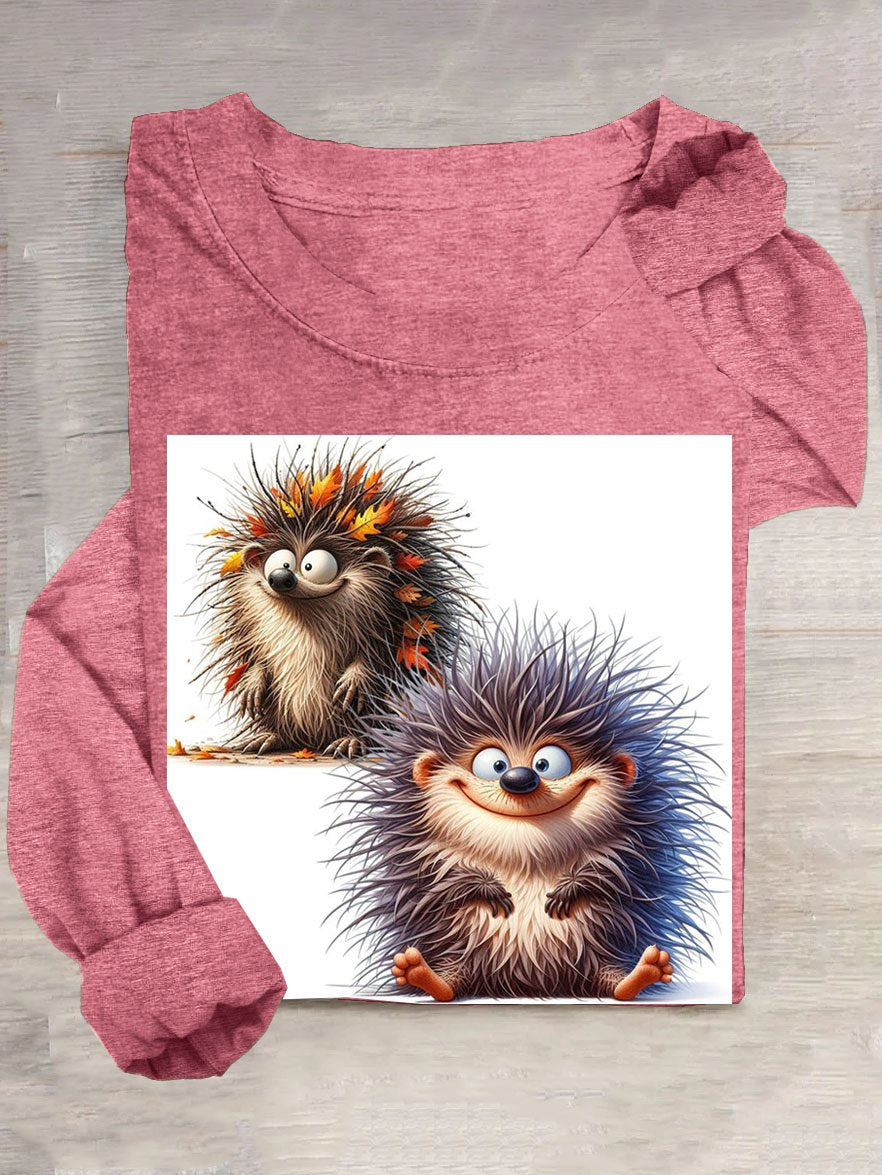 Funny Hedgehog Printed Crew Neck Long Sleeve T-Shirt