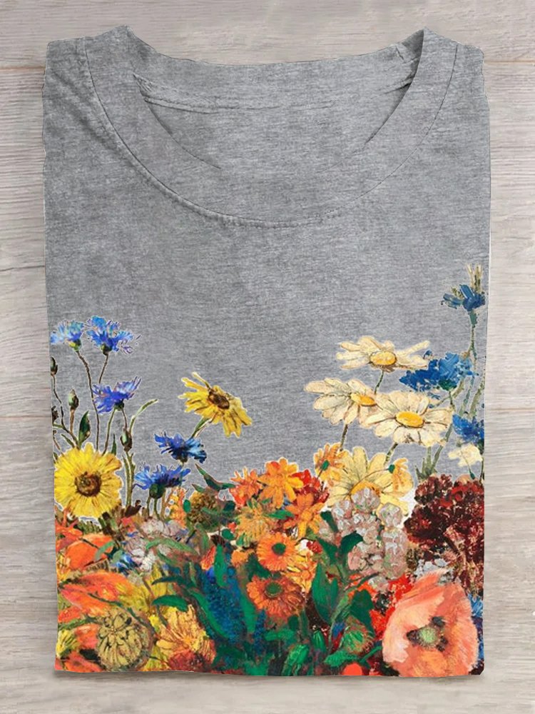 Loose Floral Cotton Casual T-Shirt