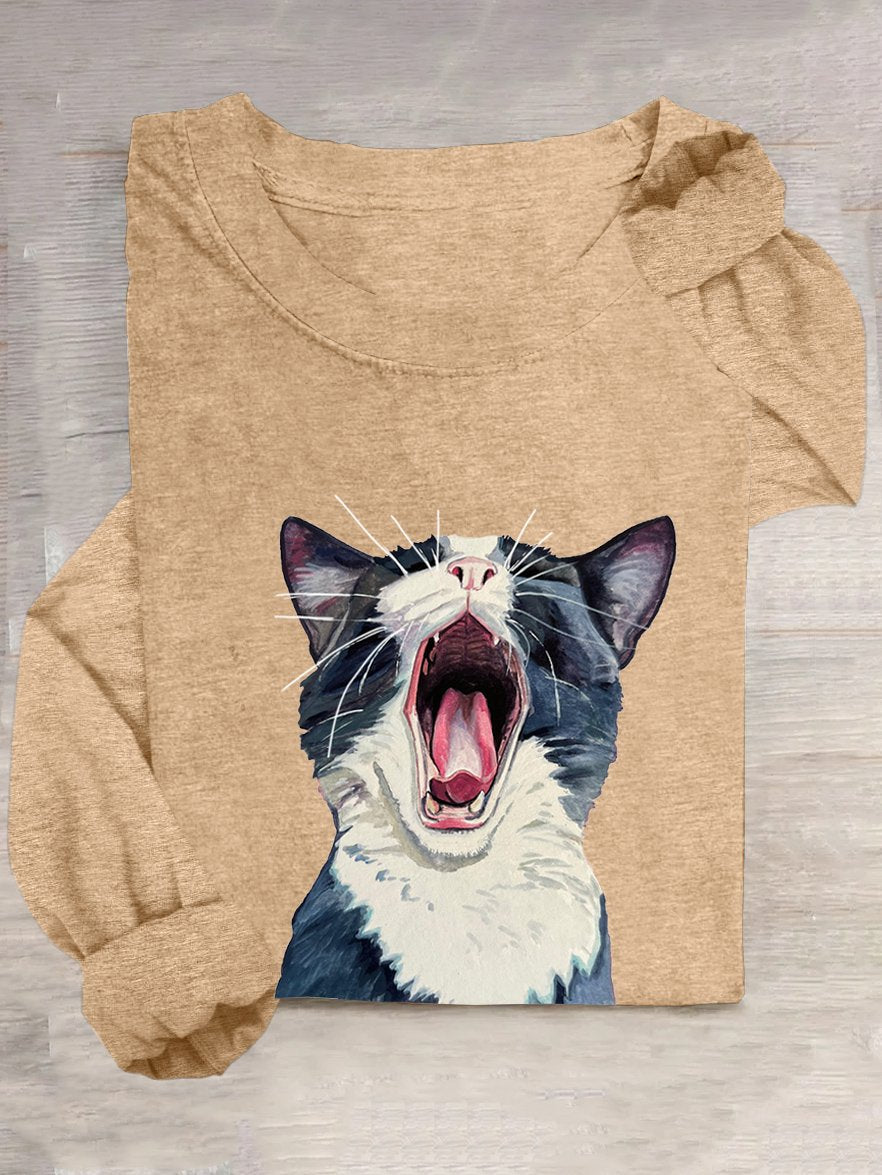 Loose Cat Casual Cotton-Blend T-Shirt