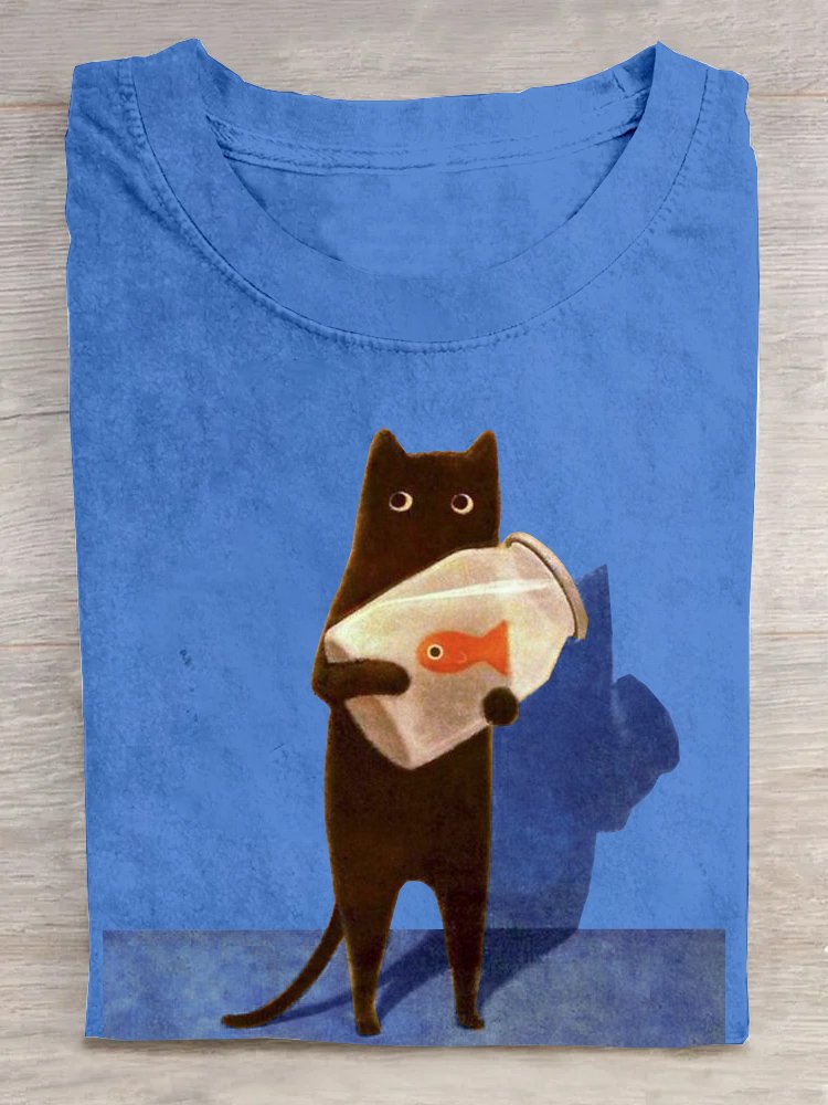 Cat Holding Goldfish Bowl Art Design T-Shirt