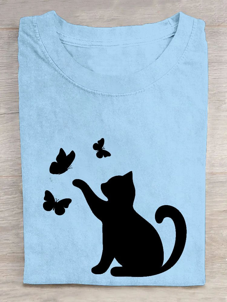 Casual Summer Cat Short Sleeve Loose Crew Neck T-shirt