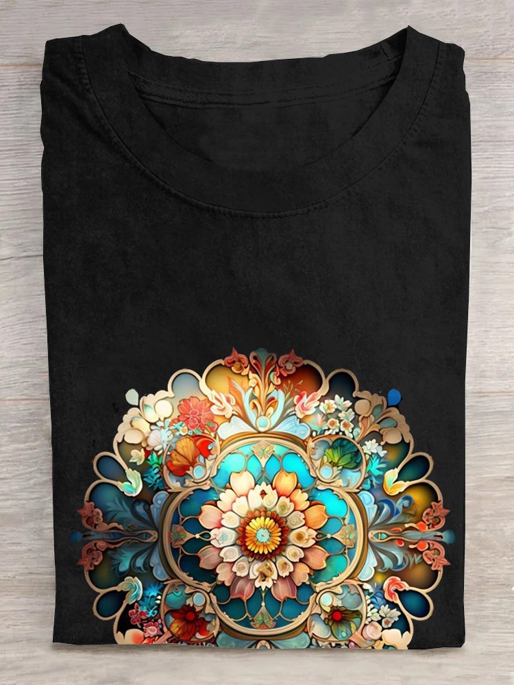 Cotton Abstract Crew Neck Casual T-Shirt