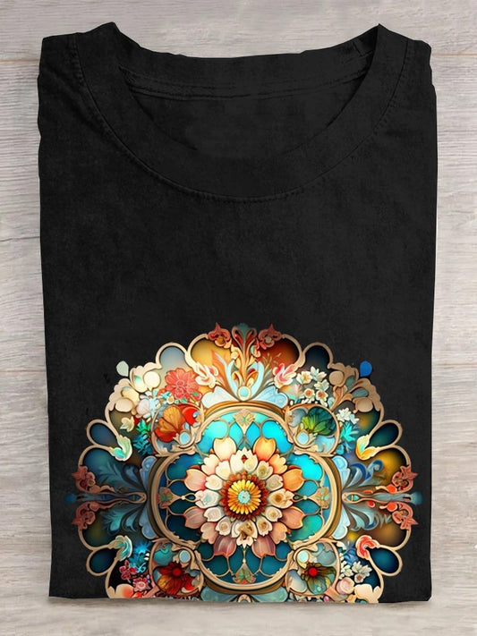 Cotton Abstract Crew Neck Casual T-Shirt