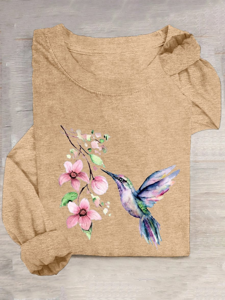 Casual Cotton-Blend Bird T-Shirt