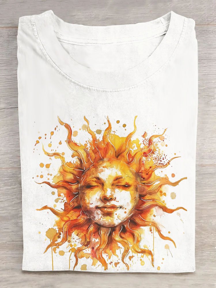 Funny Face & Sun Printed Short Sleeve Casual T-Shirt