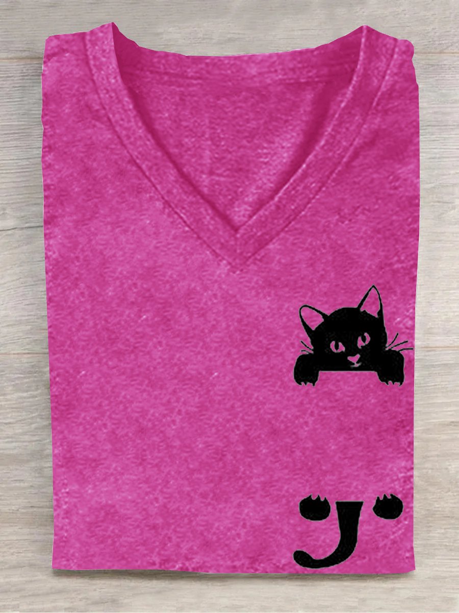 Cat V Neck Casual Cotton-Blend T-Shirt