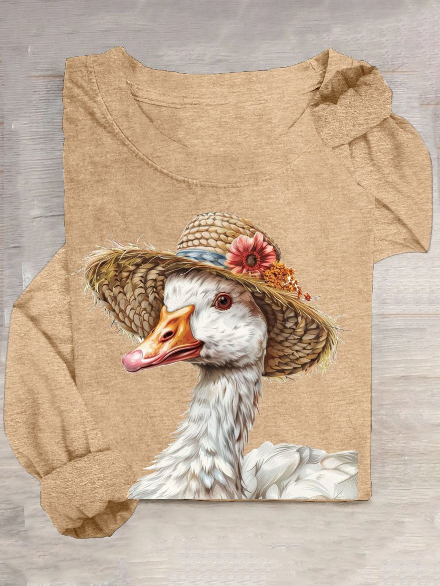 Funny Duck Art Printed Casual Crew Neck Long Sleeve T-Shirt