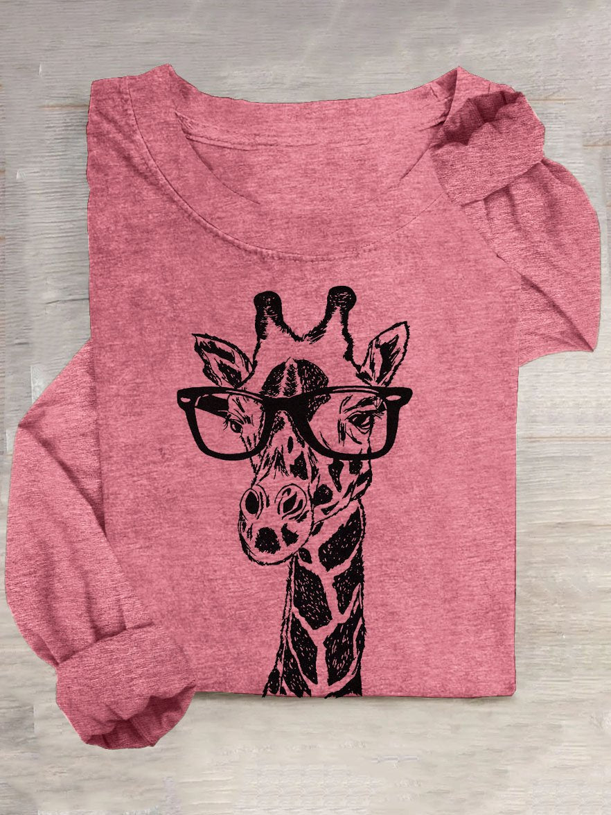 Funny Glasses Giraffe Printed Long SleeveT-Shirt