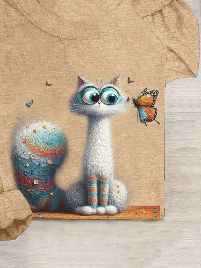 Butterfly & Cat Printed Casual Cotton-Blend T-Shirt