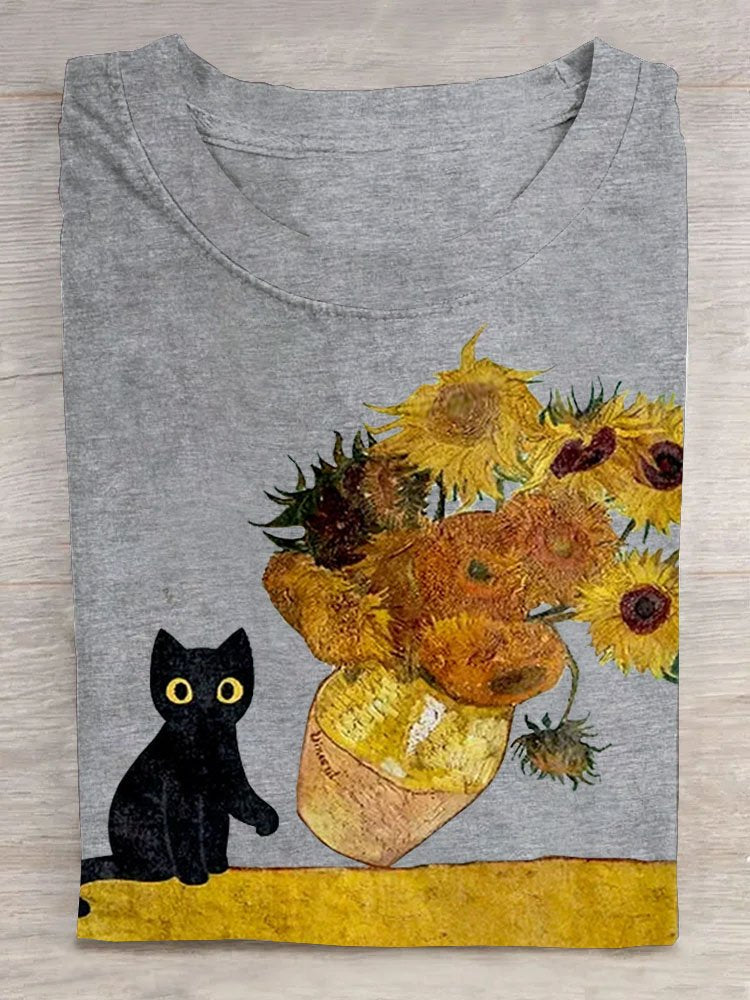 Floral & Cat Prited T-Shirt