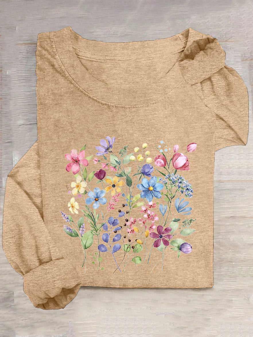 Crew Neck Casual Cotton-Blend Floral T-Shirt