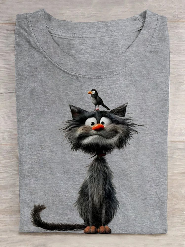 Casual Cat Loose Crew Neck T-Shirt