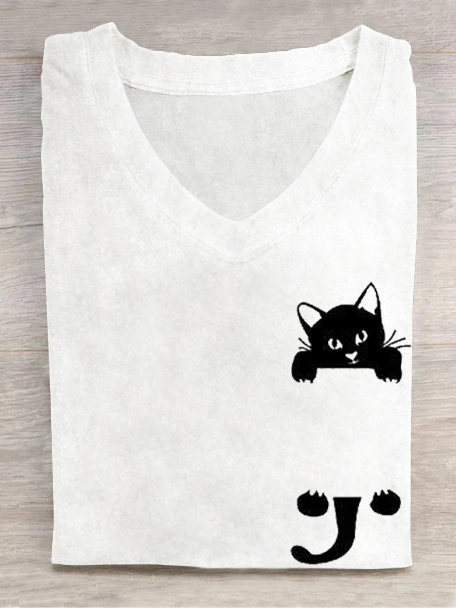 Cat V Neck Casual Cotton-Blend T-Shirt