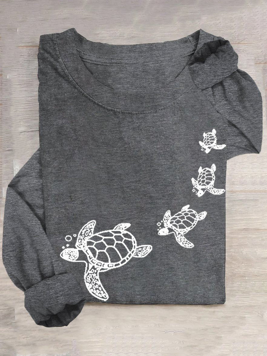 Casual Crew Neck Cotton-Blend Turtle T-Shirt