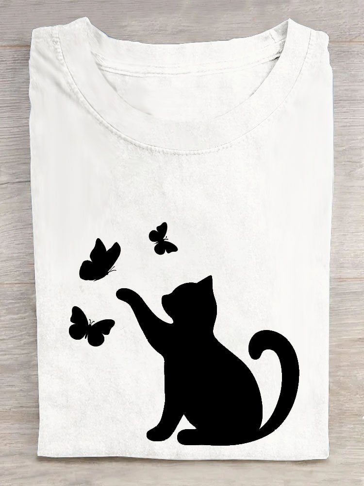 Casual Summer Cat Short Sleeve Loose Crew Neck T-shirt