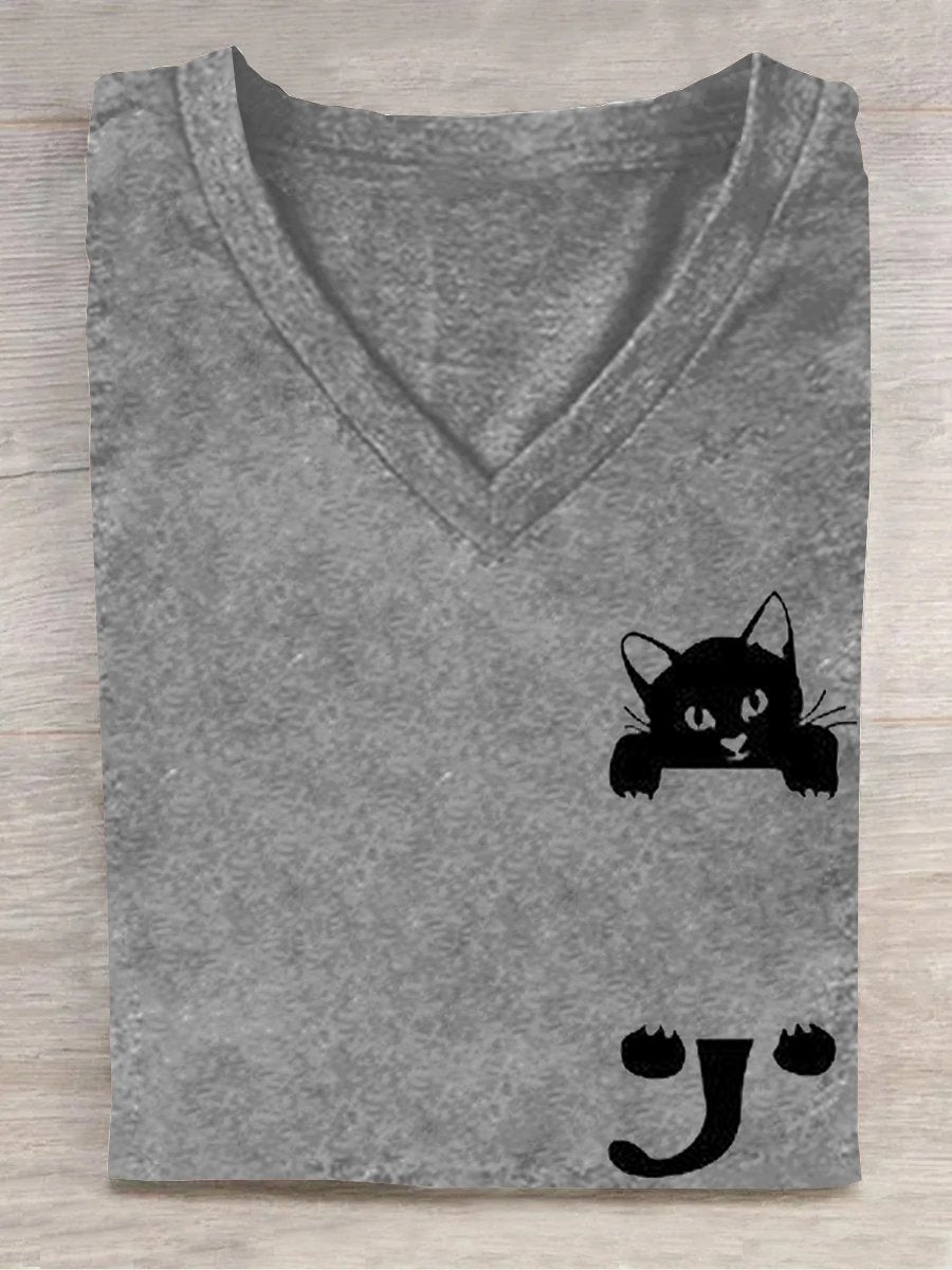 Cat V Neck Casual Cotton-Blend T-Shirt