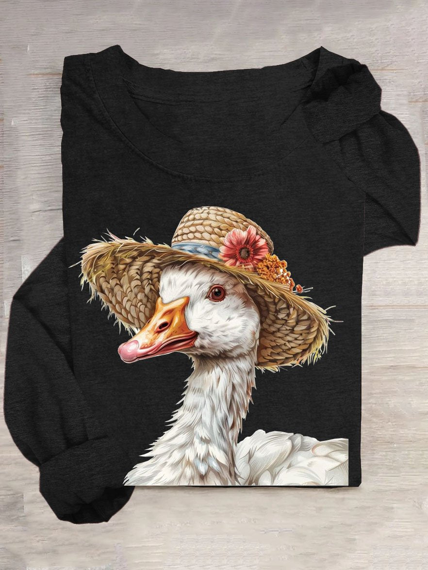 Funny Duck Art Printed Casual Crew Neck Long Sleeve T-Shirt