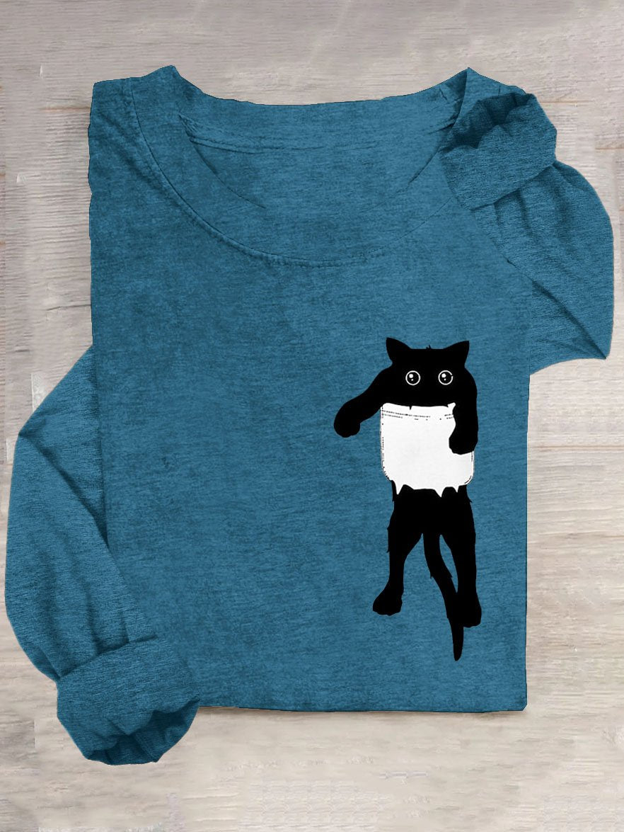 Cat Printed Casual Crew Neck T-Shirt