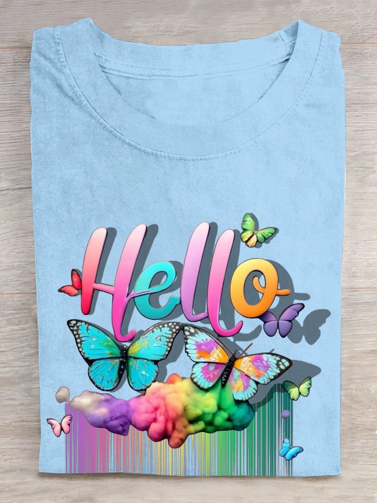 Cotton Casual Butterfly Rainbow  T-Shirt