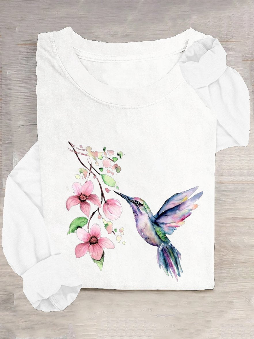 Casual Cotton-Blend Bird T-Shirt