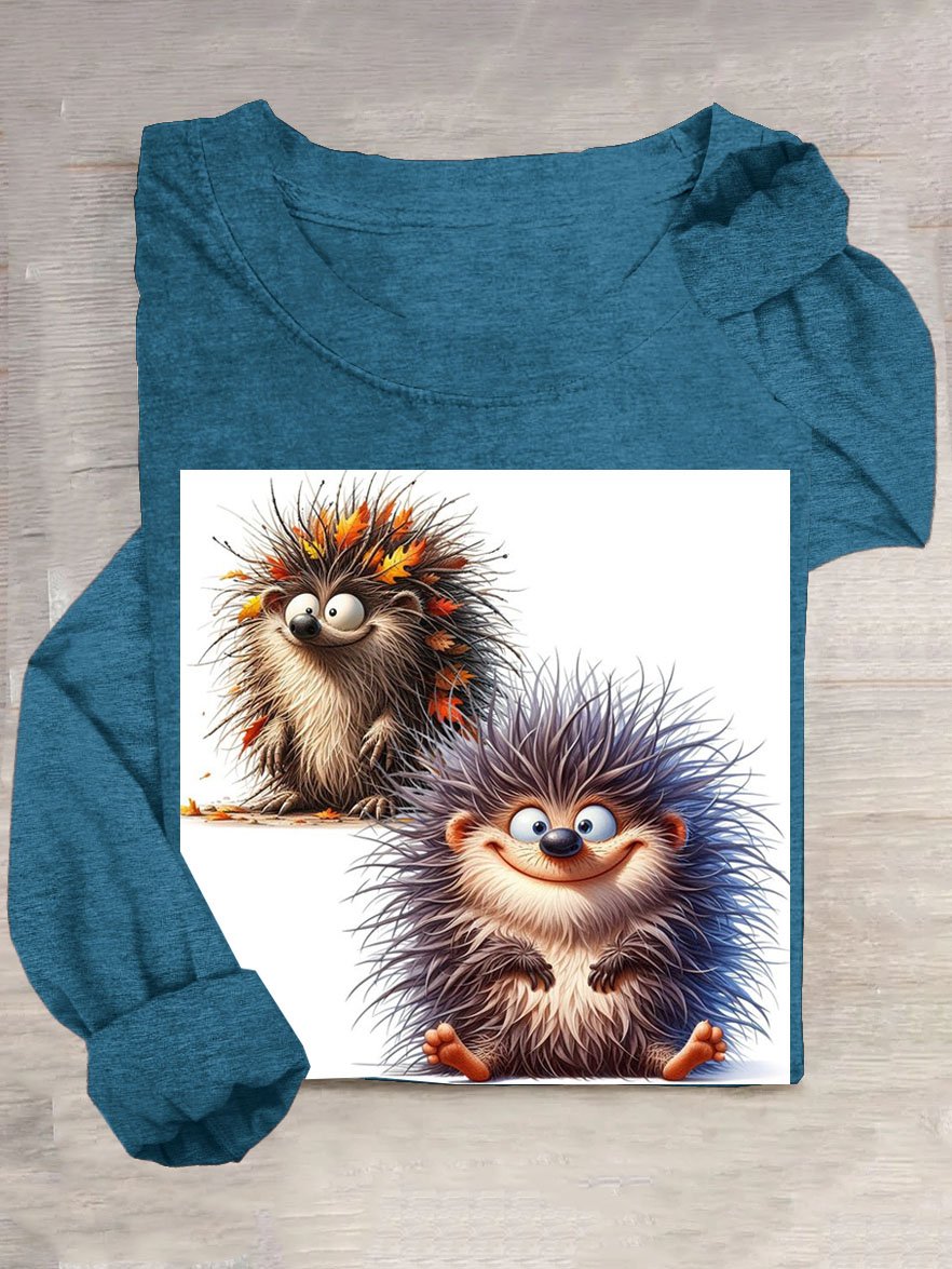 Funny Hedgehog Printed Crew Neck Long Sleeve T-Shirt