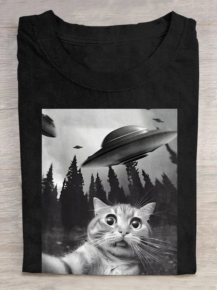 Crew Neck Cat Loose Casual T-Shirt