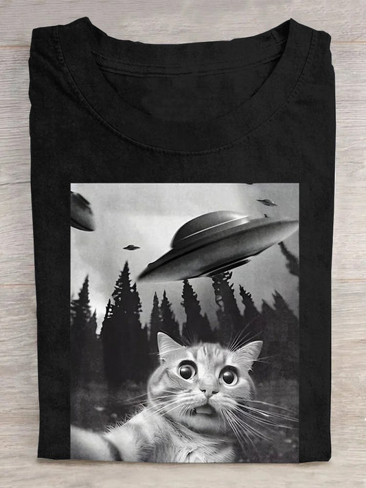 Crew Neck Cat Loose Casual T-Shirt