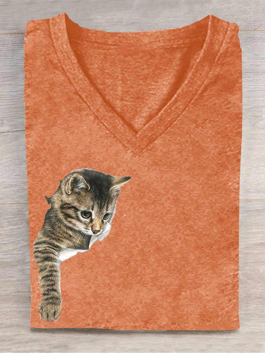 Casual V Neck Cat Cotton T-Shirt