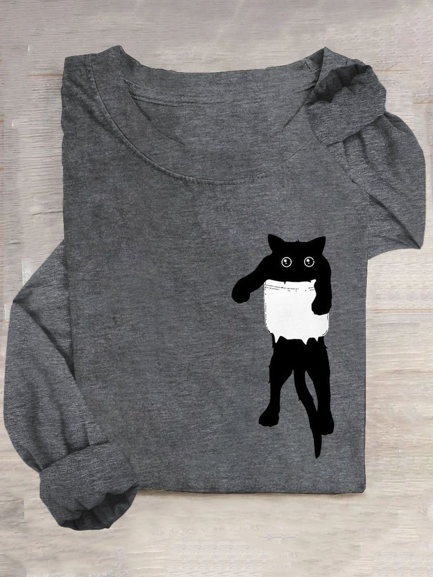 Cat Printed Casual Crew Neck T-Shirt