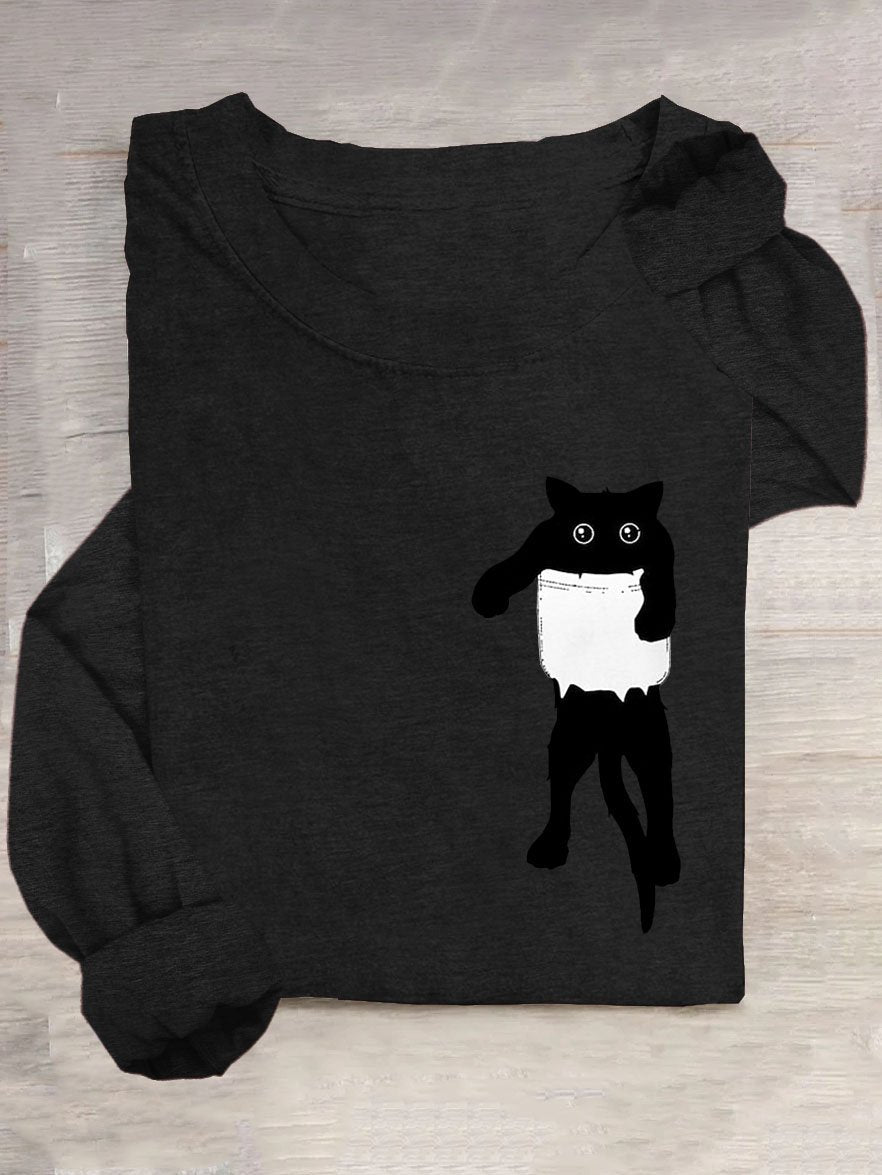 Cat Printed Casual Crew Neck T-Shirt