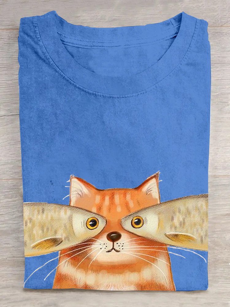 Crew Neck Loose Cat Casual T-Shirt