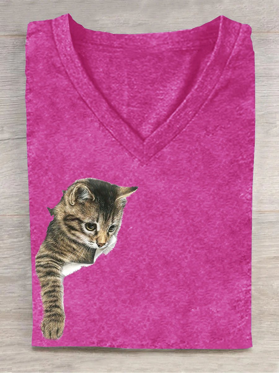 Casual V Neck Cat Cotton T-Shirt