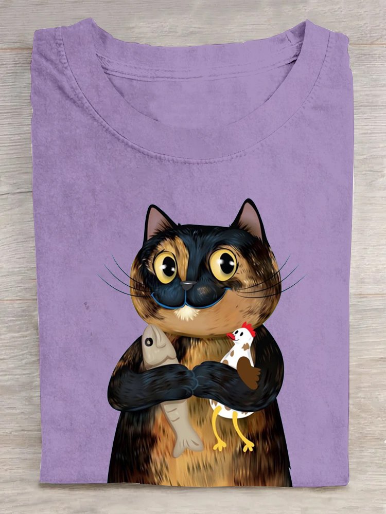 Casual Crew Neck Cotton Cat T-Shirt