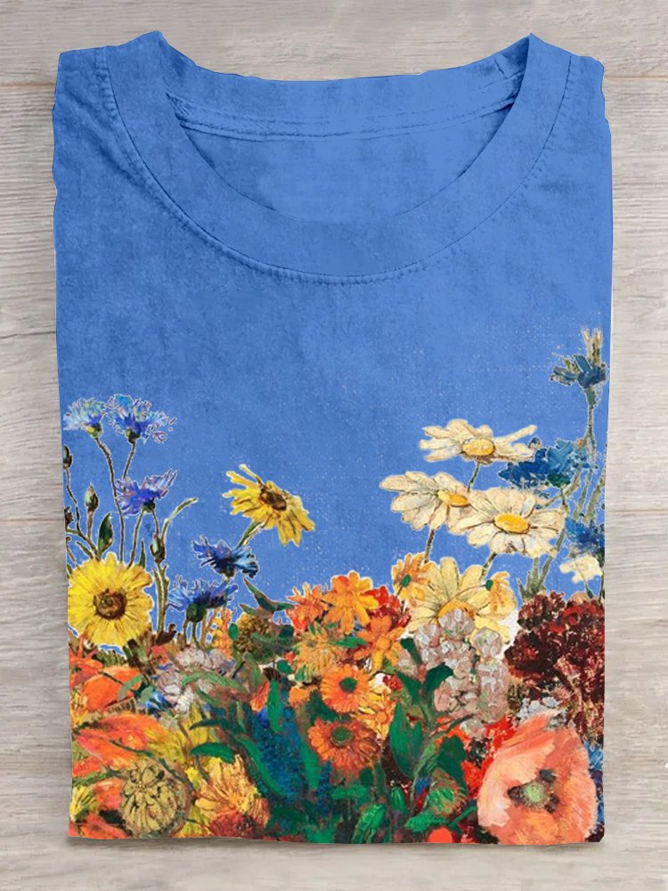 Loose Floral Cotton Casual T-Shirt